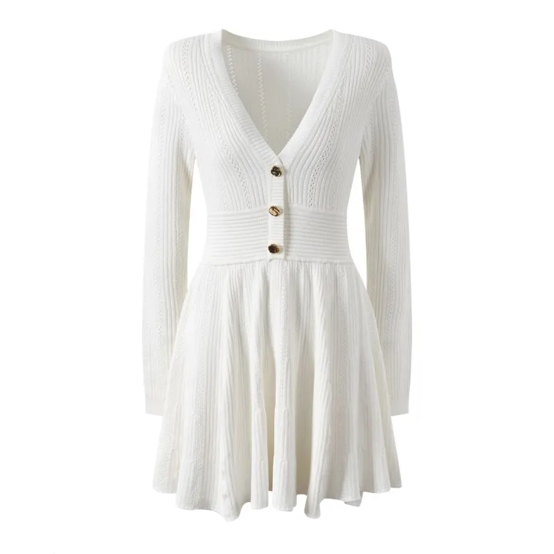 2024 new waist slimming design sense single-breasted V-neck skirt