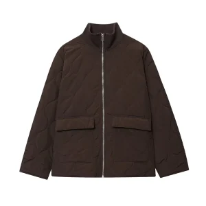 2025 Autumn Winter Women's Simpler Style Quilted Cotton Jacket Coat With Pockets Long Sleeve Zipper Casual Loose New Outerwear