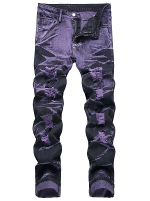 2025 New High Quality Trendy Personalized Purple Black Stir fried Piercing Cowboy Pants