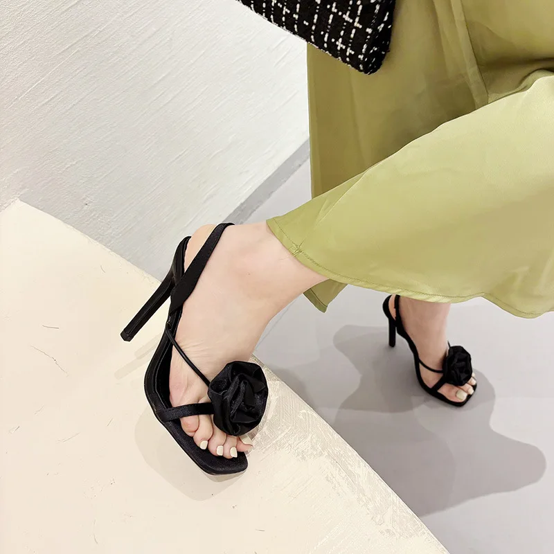 2025 Summer High Heels Sandals Women's Fashion Rose Silk Flower Open Toe Buckle Strap Sandals Pumps Party Wedding Shoes 11cm - Image 5