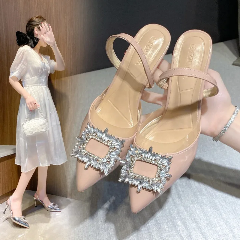 2025 Summer New Pointed Rhinestone High Heels Slim Heel Baotou Sandals - Image 3