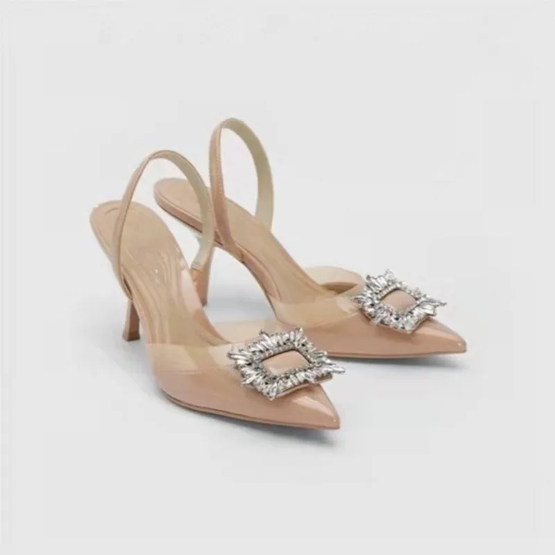 2025 Summer New Pointed Rhinestone High Heels Slim Heel Baotou Sandals - Image 4