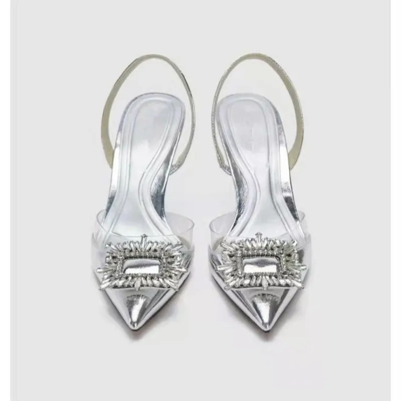 2025 Summer New Pointed Rhinestone High Heels Slim Heel Baotou Sandals - Image 6