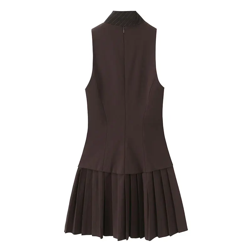 2025 Woman Fashion Elegant High Street Slim Tie decor Pleated Dress Women Summer Chic O-Neck long sleeves Solid Mini Dress - Image 2