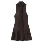 2025 Woman Fashion Elegant High Street Slim Tie decor Pleated Dress Women Summer Chic O-Neck long sleeves Solid Mini Dress