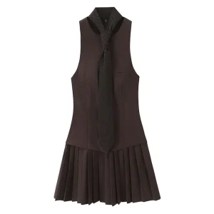 2025 Woman Fashion Elegant High Street Slim Tie decor Pleated Dress Women Summer Chic O-Neck long sleeves Solid Mini Dress