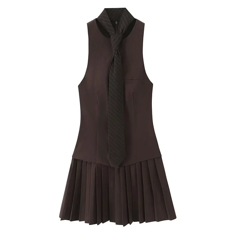 2025 Woman Fashion Elegant High Street Slim Tie decor Pleated Dress Women Summer Chic O-Neck long sleeves Solid Mini Dress