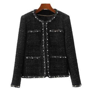 2025 new fashion round neck elegant light luxury celebrity high-end heavy industry beading temperament design tweed jacket