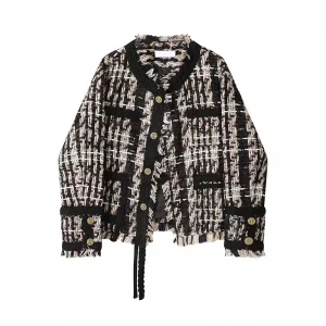 2025 new style fashionable and elegant heavy-duty black gold tassel wool temperament tweed jacket