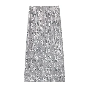 Advanced Heavy Industry Silver Grey Velvet sequined Half length Skirt with High Waist and Slimming Appearance Long Dress