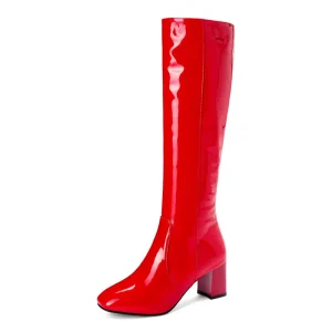 Autumn Winter Women High Knee Boots Patent Leather Knee High Boots Women Waterproof White Red Black Party Shoes Lady 6cm