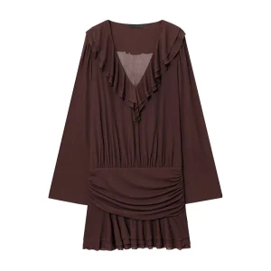 Chic Fashion Ruffles Autumn Dress Pleated Short Dresses For Women 2025 Dark V neck Mini Dress Woman Long Sleeve Casual Dresses