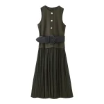 Chic Fashion Splicing Autumn Dress Pleated Long Dresses For Women 2025 With Belt Midi Dress Woman Sleeveless Casual Dresses