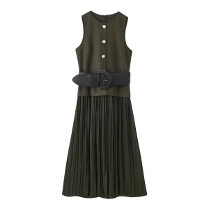 Chic Fashion Splicing Autumn Dress Pleated Long Dresses For Women 2025 With Belt Midi Dress Woman Sleeveless Casual Dresses