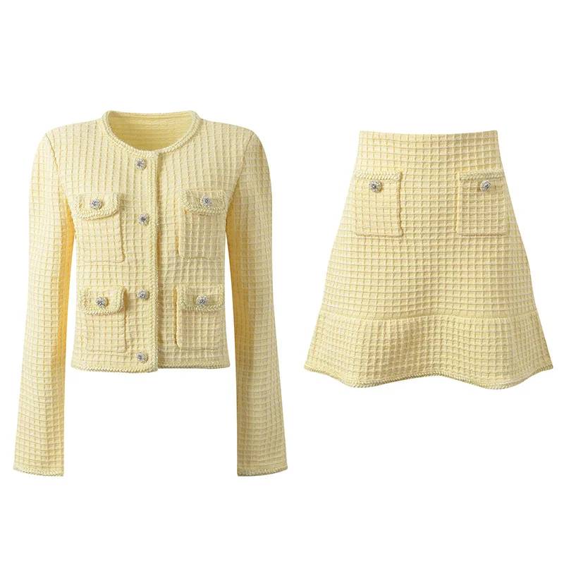 Cream yellow knitted coat + skirt set 2024 spring/autumn women's new small fragrant top ruffled skirt 2 sets - Image 6