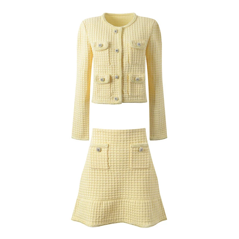 Cream yellow knitted coat + skirt set 2024 spring/autumn women's new small fragrant top ruffled skirt 2 sets