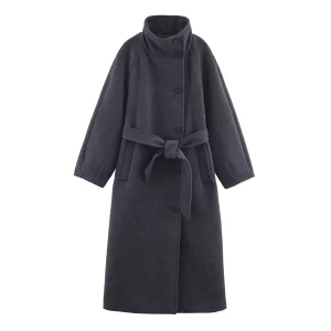 European and American style women's clothing new fashion versatile solid color long sleeved stand up collar belt coat jacket