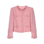 Exquisite elegant fashionable small fragrance style socialite's coarse tweed pink round neck anti-aging jacket