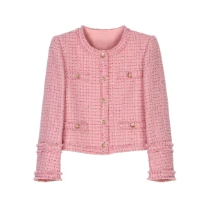 Exquisite elegant fashionable small fragrance style socialite's coarse tweed pink round neck anti-aging jacket