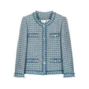 Exquisite fashionable high-end elegant blue socialite small fragrance style coarse floral temperament woven wool jacket