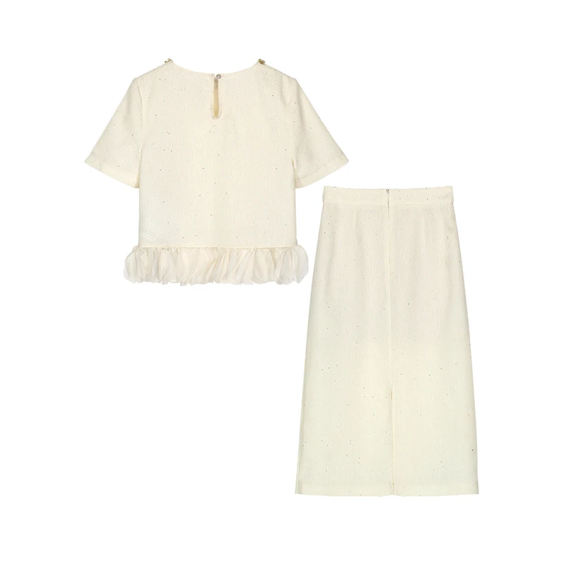 Exquisite high-end elegant temperament heavy industry nail bead small fragrant style short sleeved T-shirt+skirt set - Image 2