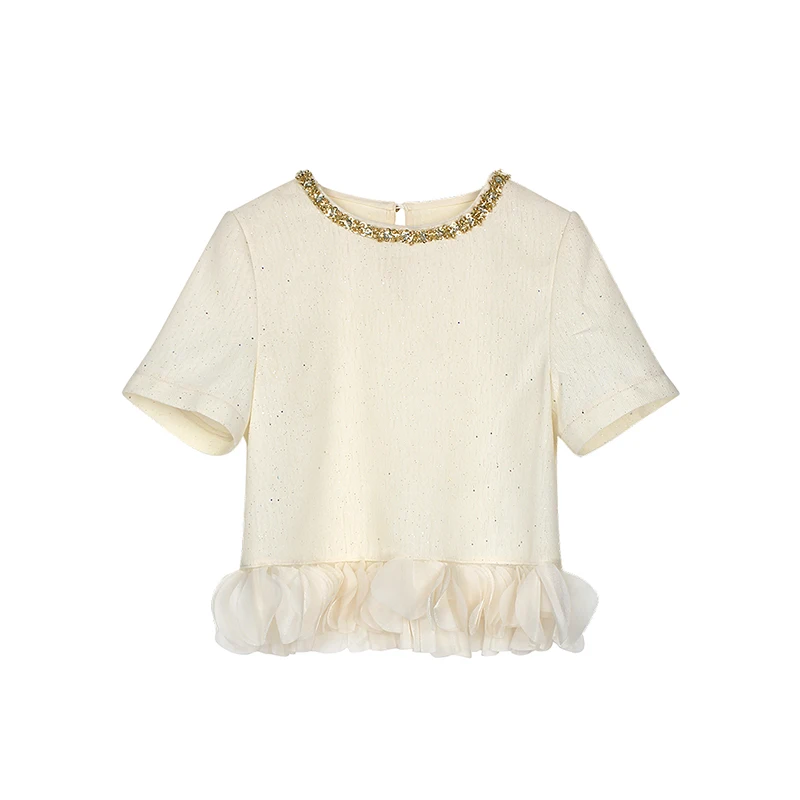 Exquisite high-end elegant temperament heavy industry nail bead small fragrant style short sleeved T-shirt+skirt set - Image 3