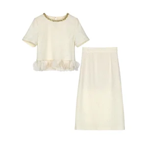 Exquisite high-end elegant temperament heavy industry nail bead small fragrant style short sleeved T-shirt+skirt set