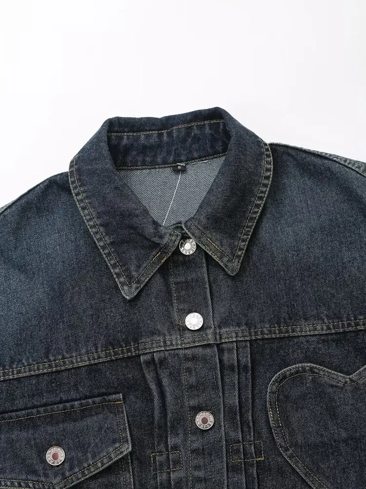 Fall Women's Denim Jacket with Heart Pocket. Chic French-Inspired & Casual Outerwear. - Image 2