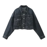 Fall Women's Denim Jacket with Heart Pocket. Chic French-Inspired & Casual Outerwear.