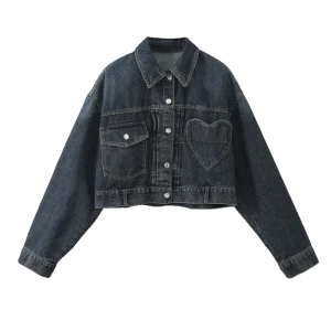 Fall Women's Denim Jacket with Heart Pocket. Chic French-Inspired & Casual Outerwear.