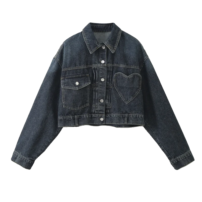 Fall Women's Denim Jacket with Heart Pocket. Chic French-Inspired & Casual Outerwear.
