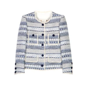 Fashionable elegant exquisite temperament woven striped linen small fragrant style jacket whole piece paired long sleeved top