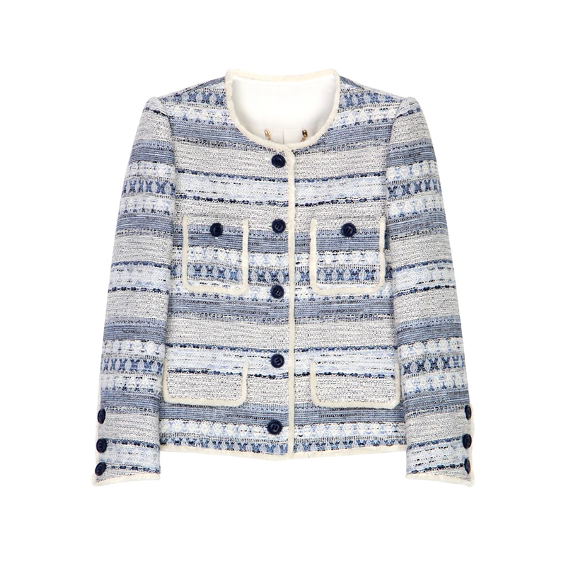 Fashionable elegant exquisite temperament woven striped linen small fragrant style jacket whole piece paired long sleeved top