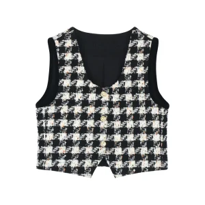 Fashionable temperament Thousand Bird grid small fragrant style vest with camisole design cardigan short top for women