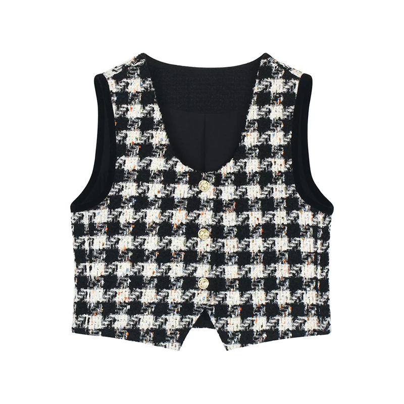 Fashionable temperament Thousand Bird grid small fragrant style vest with camisole design cardigan short top for women