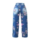 Floral Printed Wide Leg Baggy Flowers Jeans For Women Stretch High Waisted Straight Leg Butterfly Fashion Oversize Baggy Pants