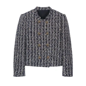 Gold thread woven small fragrant style coarse woolen temperament coat design sense double breasted stand up collar top