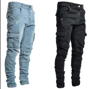 In stock 2025 European and American new jeans men's side pocket small foot tight jeans