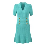Knitted dress Women 2024 autumn new V-neck short-sleeved waist dress