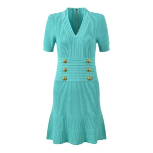 Knitted dress Women 2024 autumn new V-neck short-sleeved waist dress