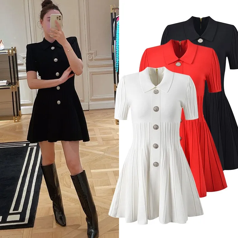 Knitted short dress 2024 summer new slim-fit single-breasted waist dress - Image 2