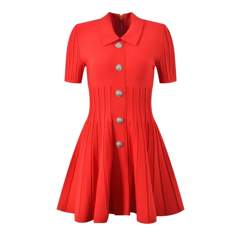 Knitted short dress 2024 summer new slim-fit single-breasted waist dress - Image 3