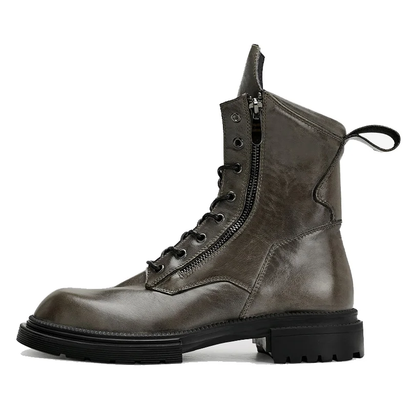 Leather Men Outdoor Tooling Military Boots High-top Trendy Zipper Ankle Boots Platform Moto Biker Boots Men Botas Hombre - Image 2