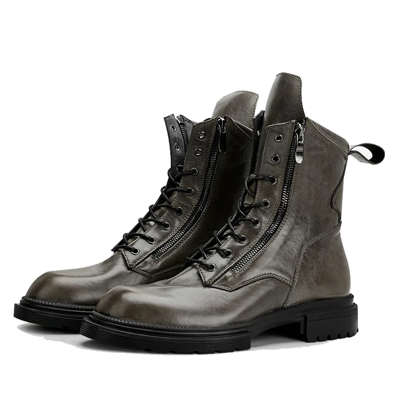 Leather Men Outdoor Tooling Military Boots High-top Trendy Zipper Ankle Boots Platform Moto Biker Boots Men Botas Hombre - Image 3