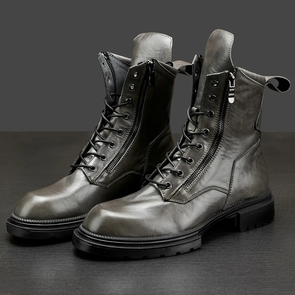 Leather Men Outdoor Tooling Military Boots High-top Trendy Zipper Ankle Boots Platform Moto Biker Boots Men Botas Hombre - Image 5