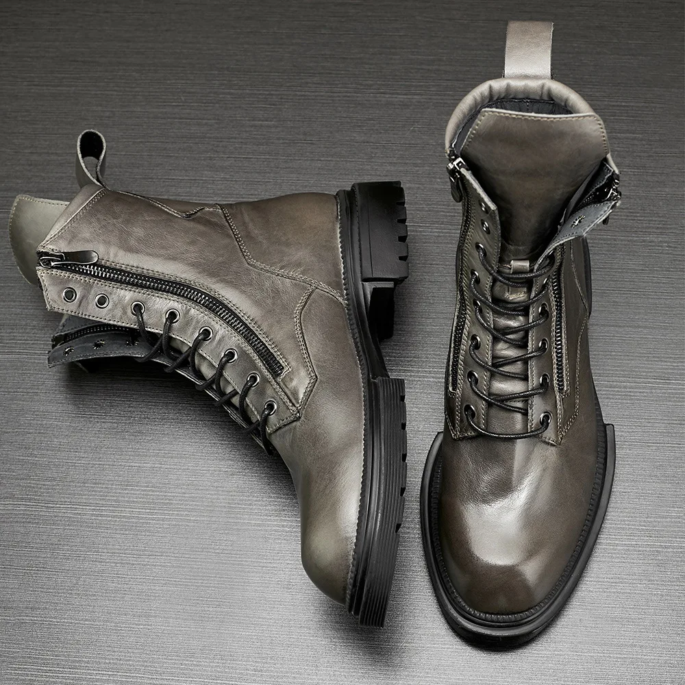 Leather Men Outdoor Tooling Military Boots High-top Trendy Zipper Ankle Boots Platform Moto Biker Boots Men Botas Hombre - Image 6