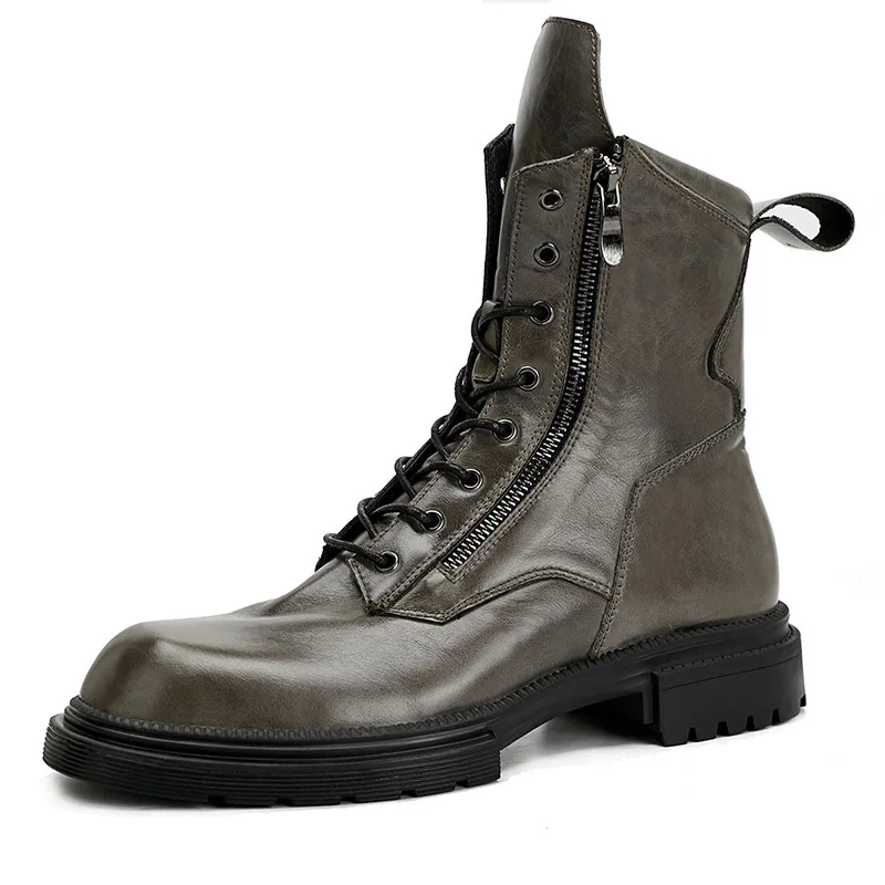 Leather Men Outdoor Tooling Military Boots High-top Trendy Zipper Ankle Boots Platform Moto Biker Boots Men Botas Hombre