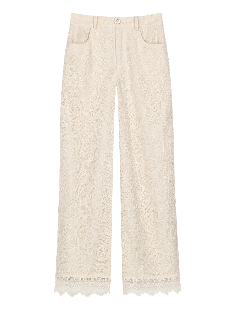 Light luxury socialite high-end temperament, heavy industry sequin small fragrance style lace hollow straight leg pants
