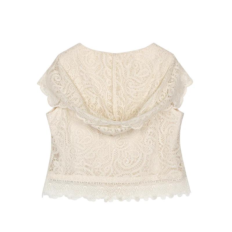 Light luxury socialite high-end temperament heavy industry sequin small fragrance style lace hollow vest hooded top - Image 2
