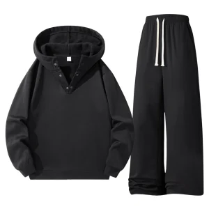 Men'S Fleece Hooded Loose Straight Leg Long Pants Solid Color Full Set Casual Two Piece Suit 2025 Fashion Men Suits